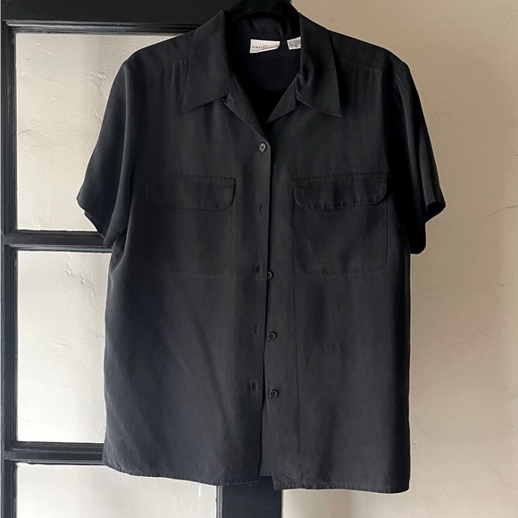 90’s Charcoal Silk Button Up Blouse - Picture 1 of 3